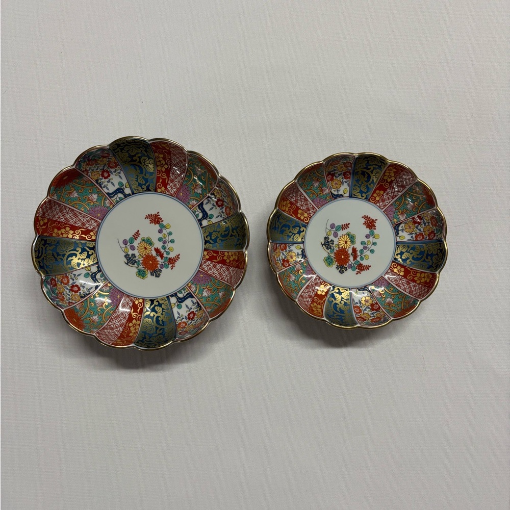 Set of 2 Hand-Painted Floral Bowls - Indonesian Porcelain, Gold Accents